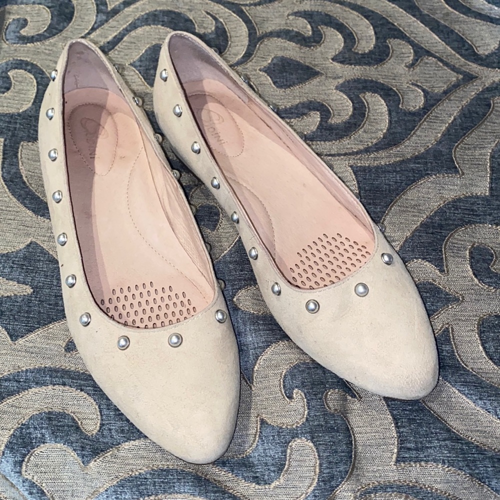 Ivory suede flats with pearl embellishment